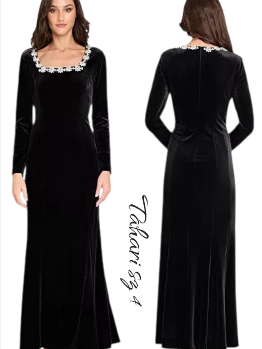 Tahari ASL Velvet Rhinestone Square Neck Gown 4 NWT